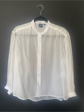 GAP Sheer White Band Collar Button-Front Lightweight Blouse